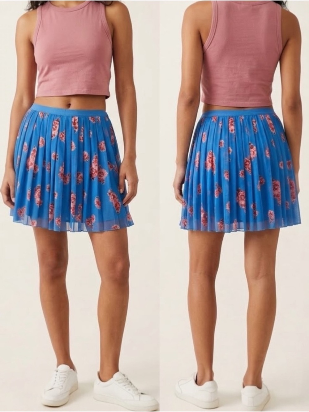 Free People Florence Mesh Pleated Mini Skirt Blue Floral XL NWOT